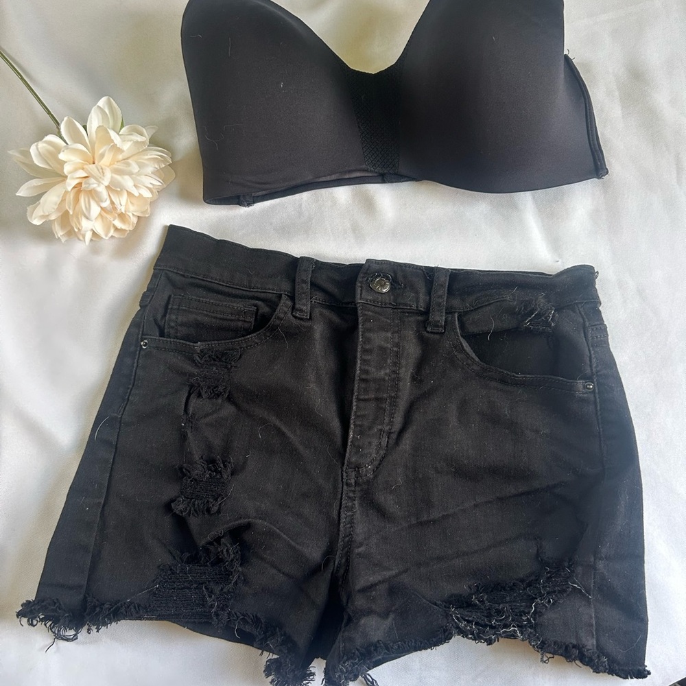 sneak peak denim size small Black Distressed Denim Shorts